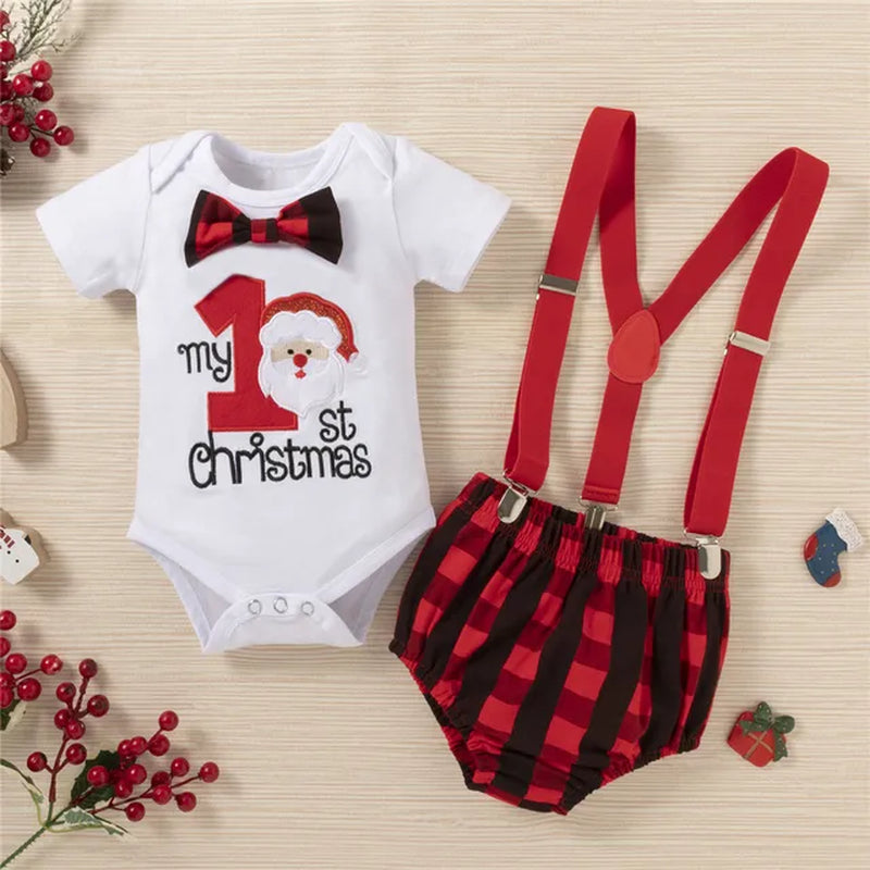 My First Christmas Baby Boy Christmas Outfits Newborns Cartoon Fox Deer Romper+Overalls 2024 New Year Baby Clothes