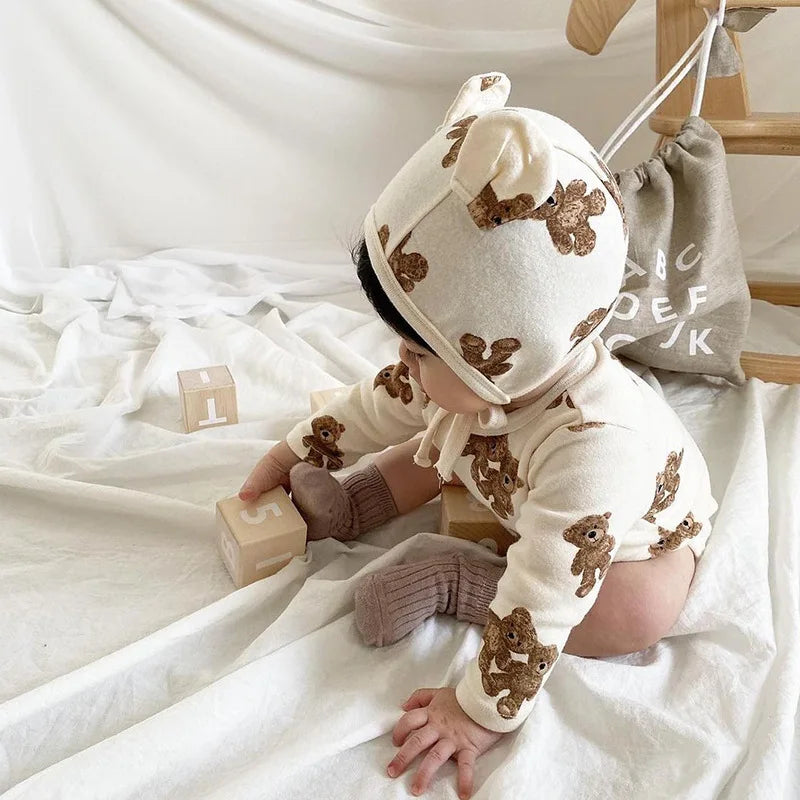 Autumn Baby Bodysuit Cute Bear Suit with Hat Full Sleeve One Piece Infant Outfit