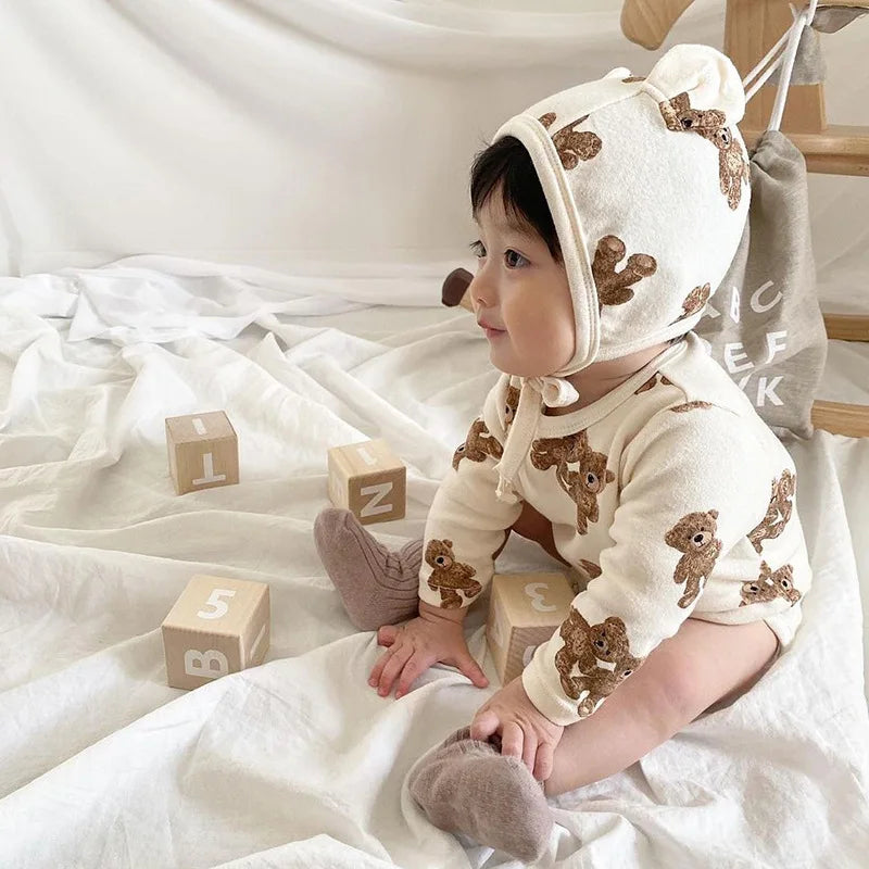 Autumn Baby Bodysuit Cute Bear Suit with Hat Full Sleeve One Piece Infant Outfit